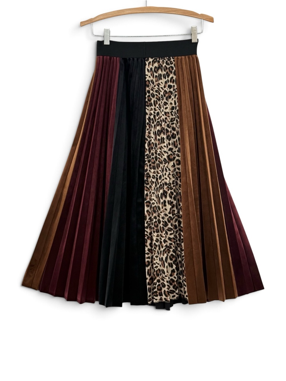 CHICWISH Pleated Midi Skirt S Colorblock Leopard Print Burgundy Brown Black